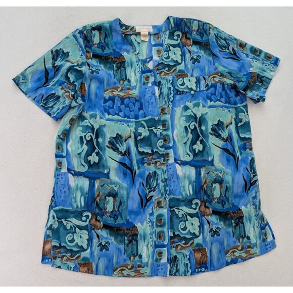 Christie & Jill Women's Top Size 2X Blue Print Short Sleeve Button-up Tunic - Picture 1 of 14